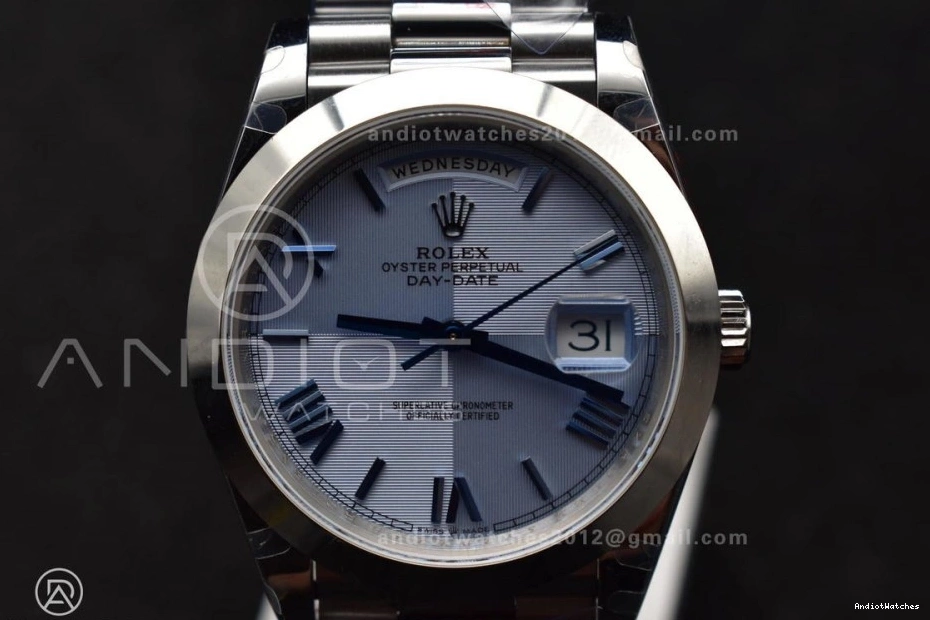 On President Steel Trendsetting Bracelet 40 A3255 GMF 703 V Dial Weighted Markers Tungsten Roman DayDate 904L Blue 0826